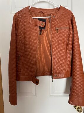 Yoki Quilted Tan Faux Leather Moto Jacket with Gold Hardware